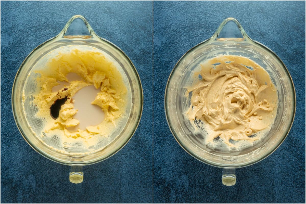 Two photo collage showing soy milk and vanilla added to stand mixer and mixed in.