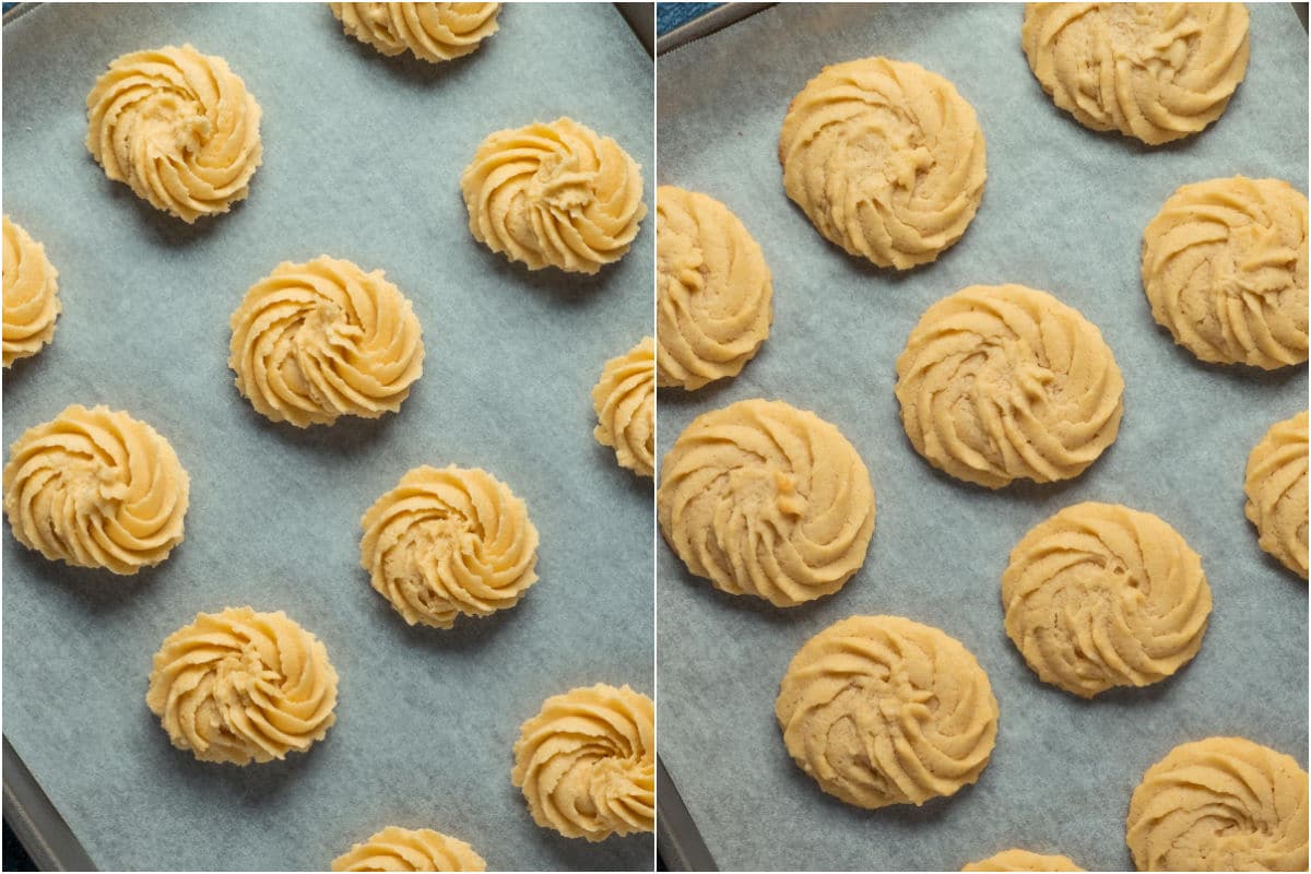 Two photo collage showing the cookies on a parchment lined baking sheet before and after baking.