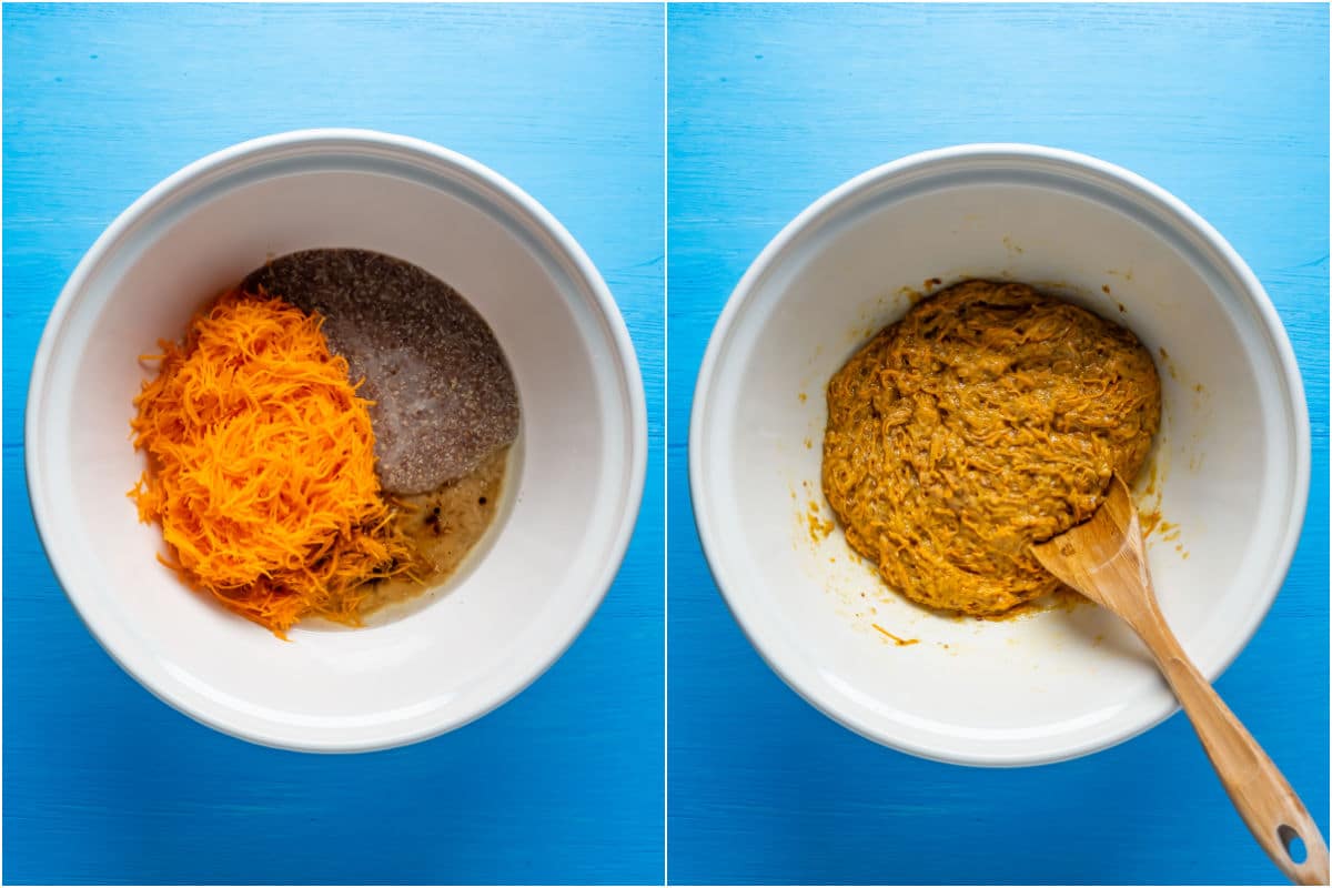 Two photo collage showing wet ingredients added to mixing bowl and mixed.