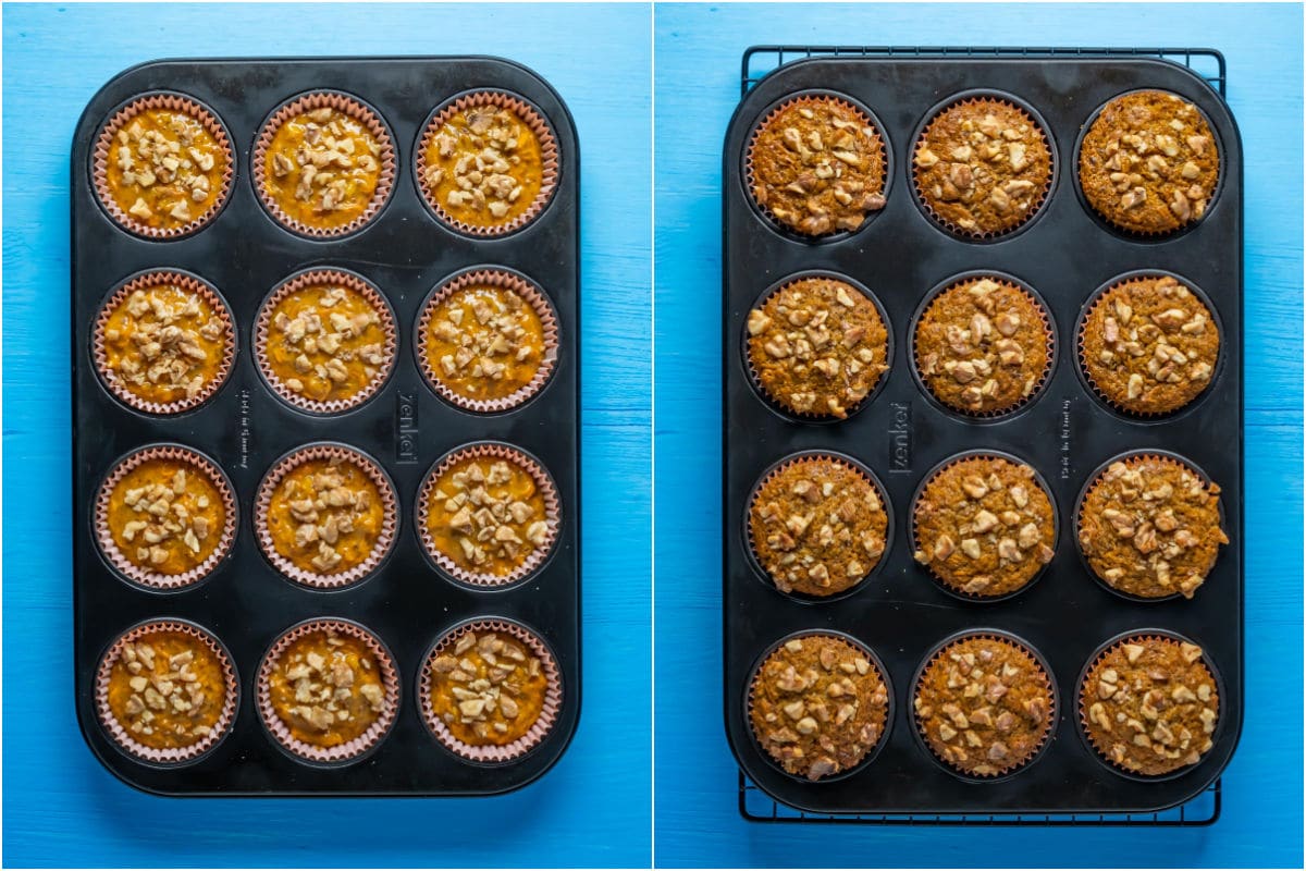 Two photo collage showing carrot muffins in a muffin tray before and after baking.