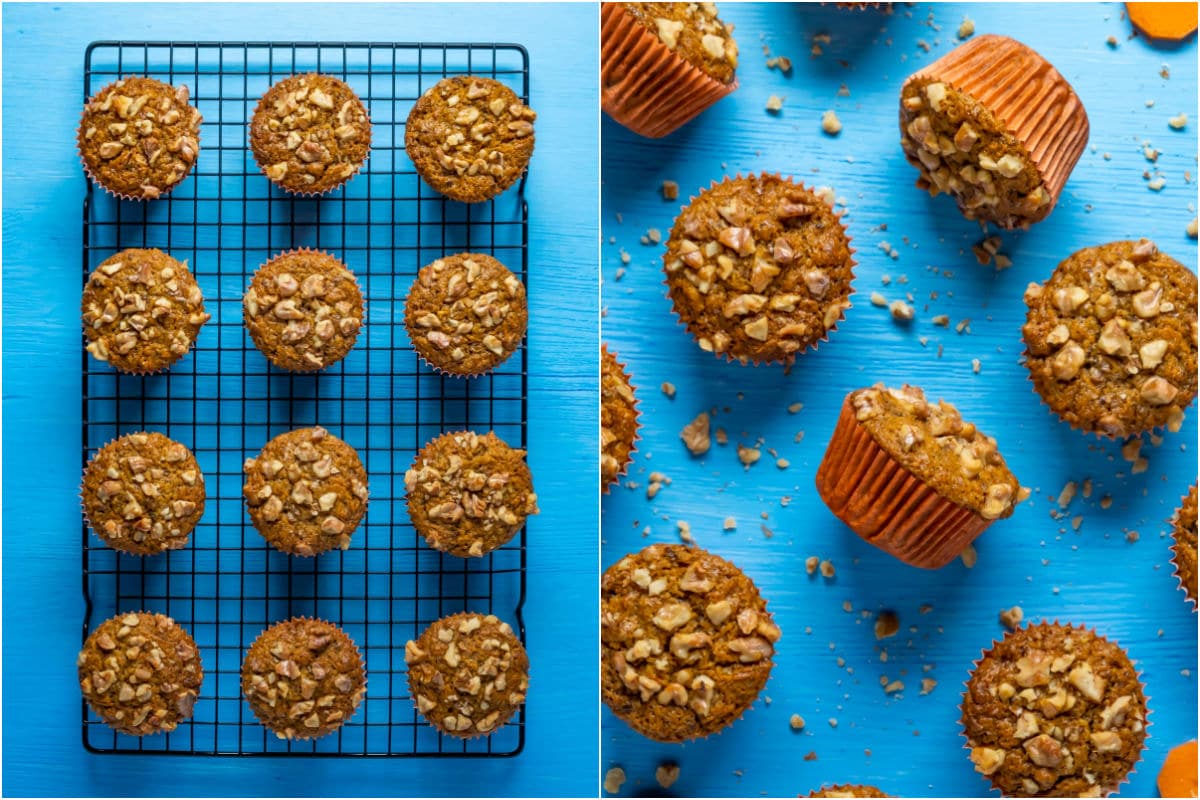 Two photo collage showing muffins on a wire cooling rack and then ready to serve.