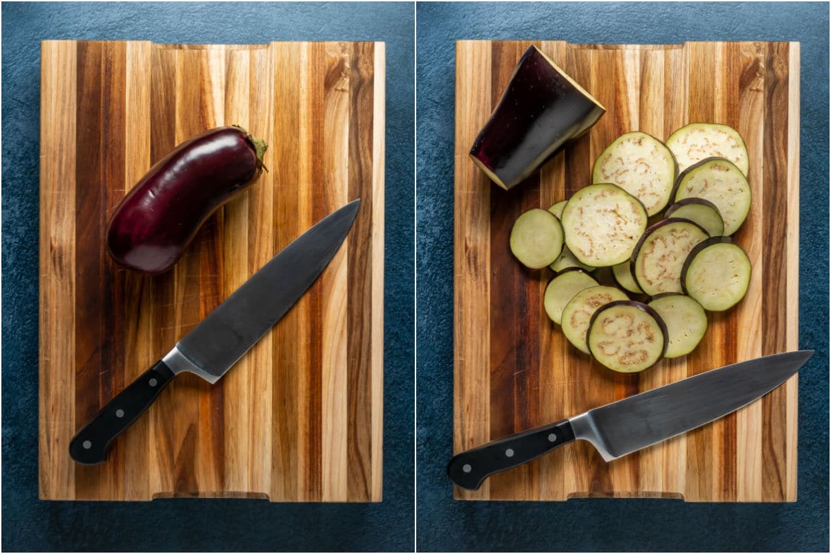 Collage of two photos showing eggplant on a wooden cutting board and then cut into slices.
