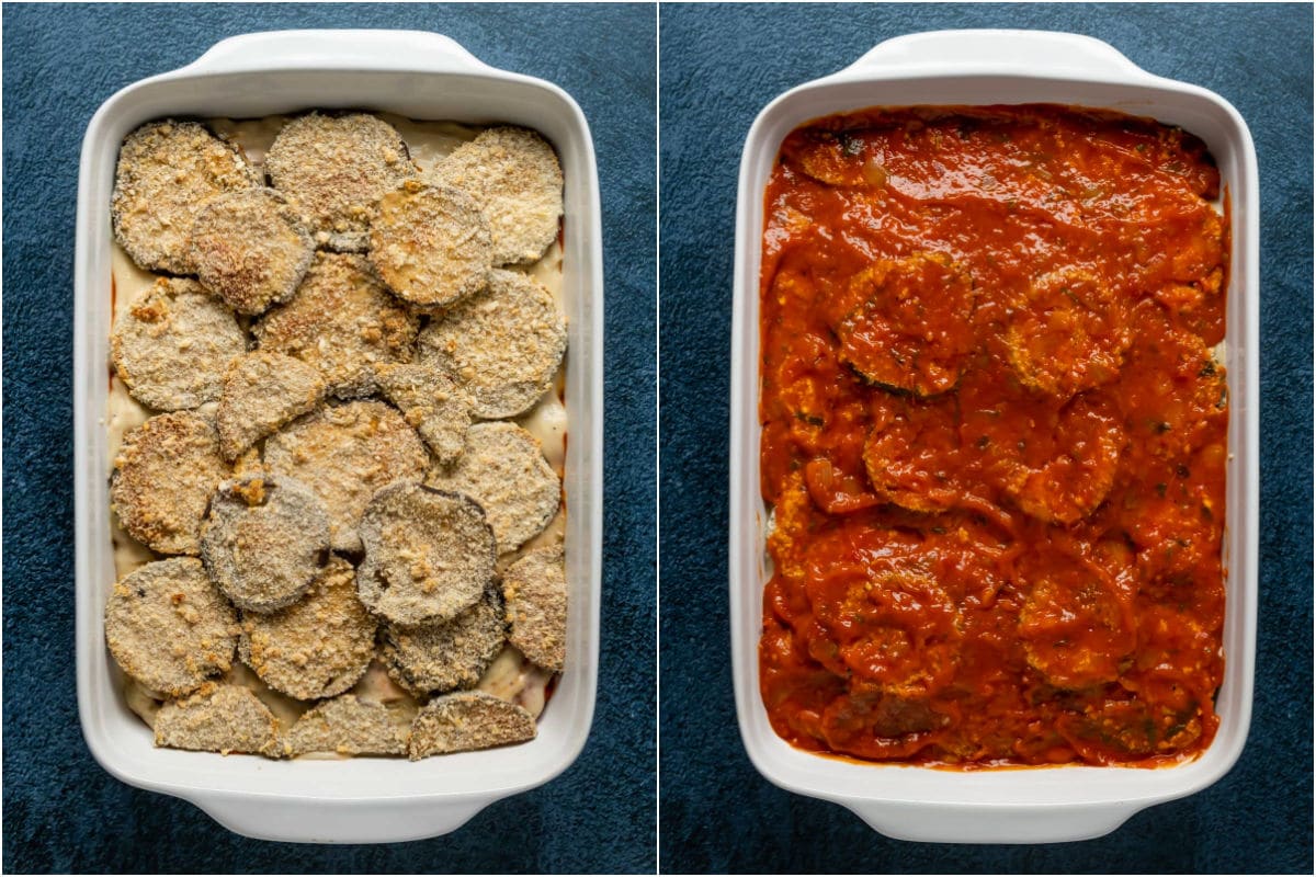 Two photo collage showing layer of eggplant topped with layer of marinara sauce.