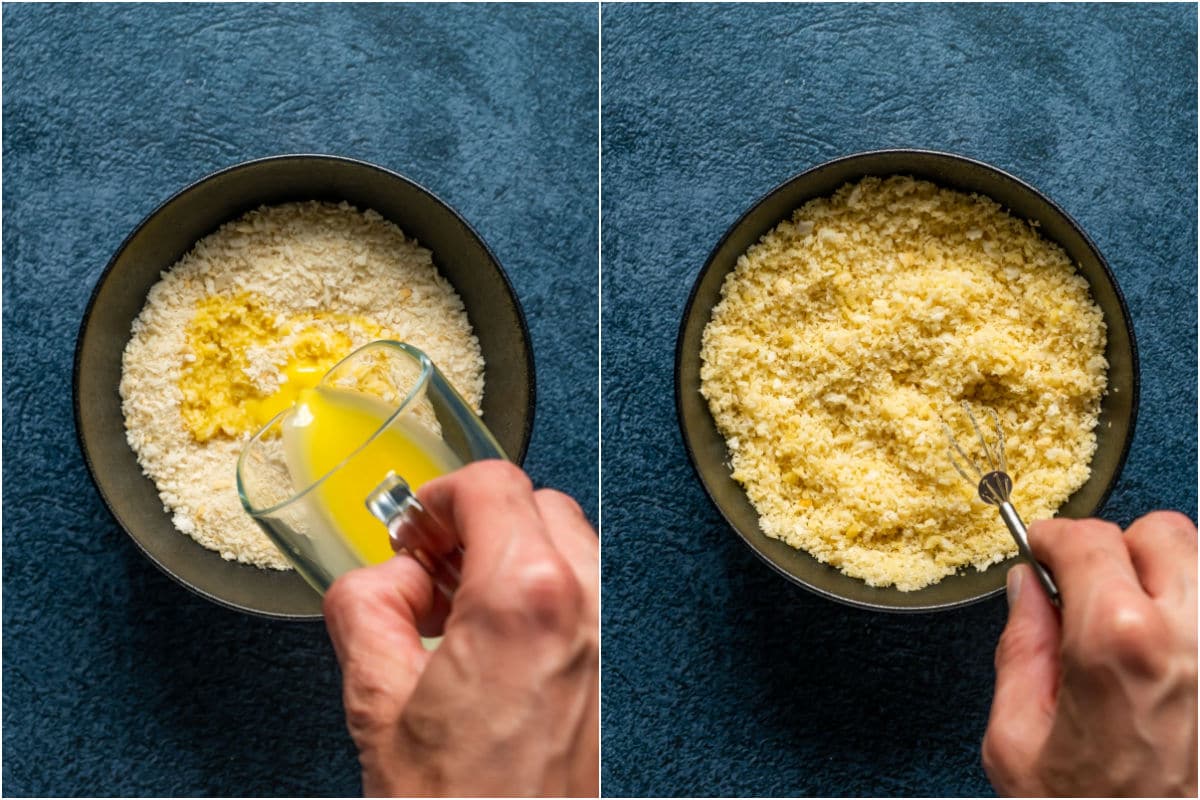 Two photo collage showing panko breadcrumbs in a bowl, melted vegan butter added and mixed together.