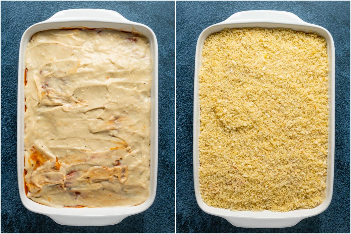 Two photo collage showing layer of cheese sauce followed by breadcrumbs added to dish.