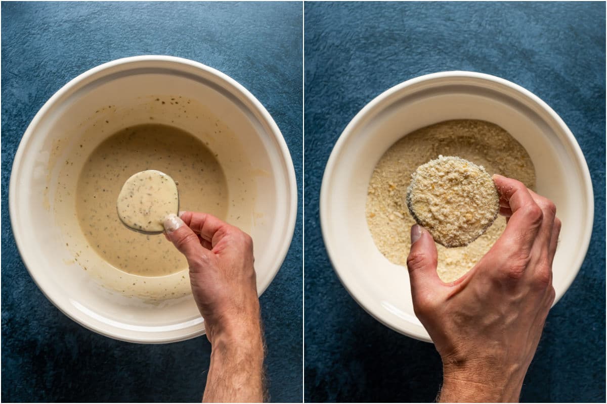 Two photo collage showing a slice of eggplant dipped in batter and then breadcrumbs.