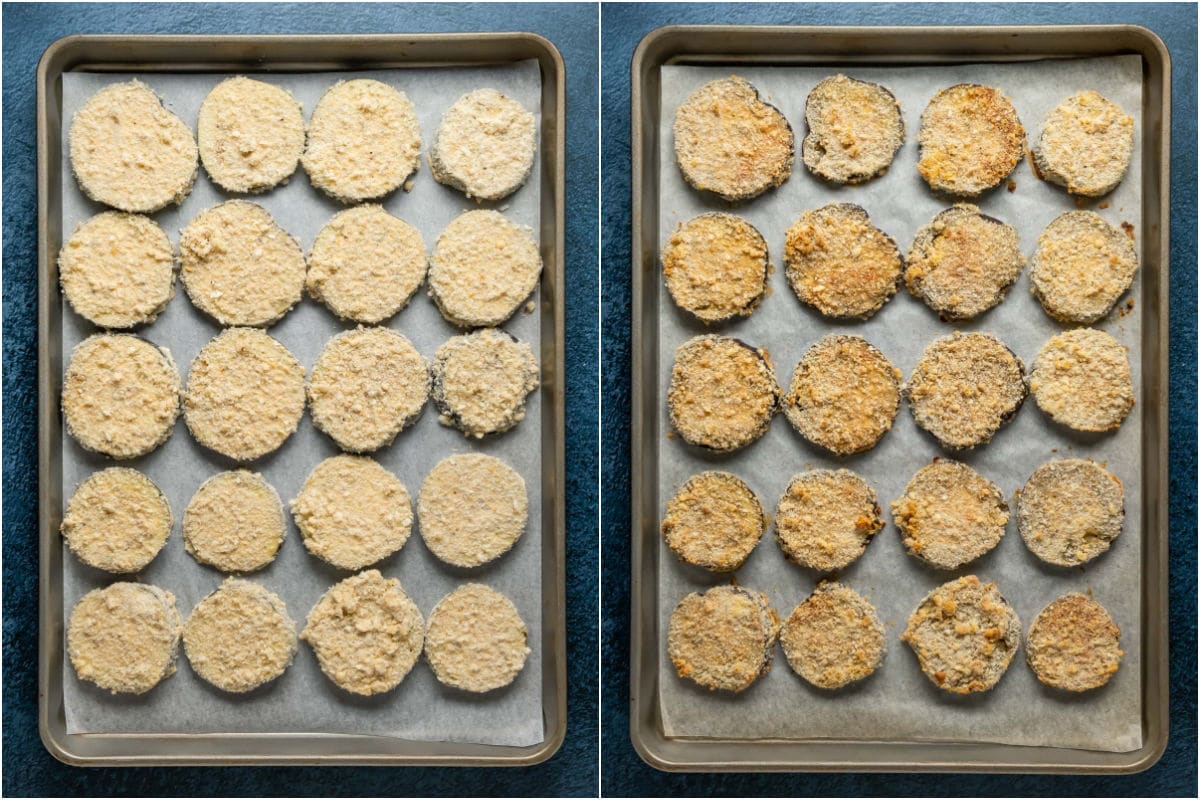 Two photo collage showing breaded eggplant on a parchment lined baking tray before and after baking.