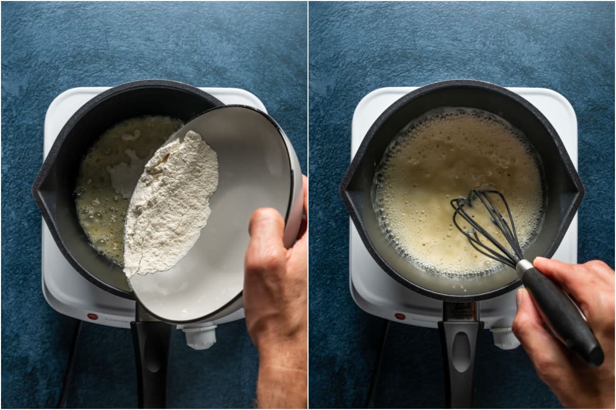 Two photo collage showing flour being added to olive oil in a saucepan and whisked together.