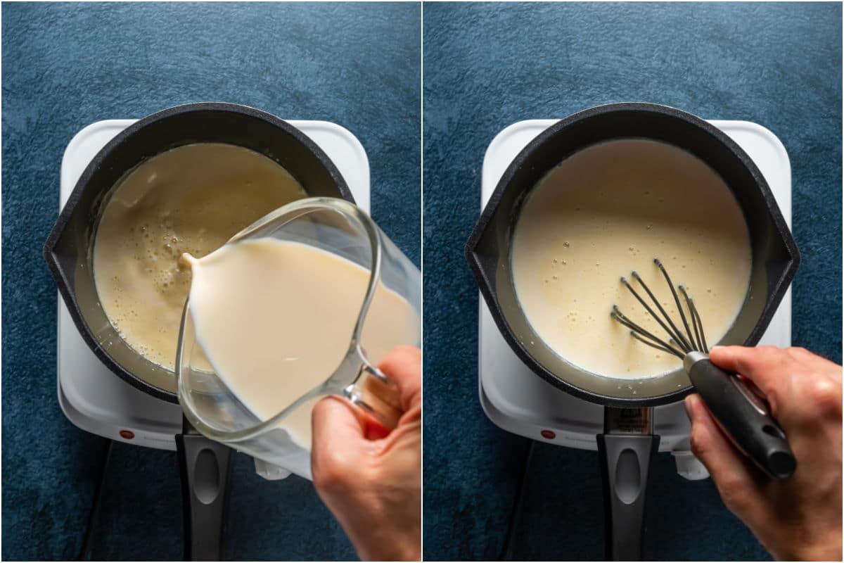 Two photo collage showing soy milk added to saucepan and mixed in.