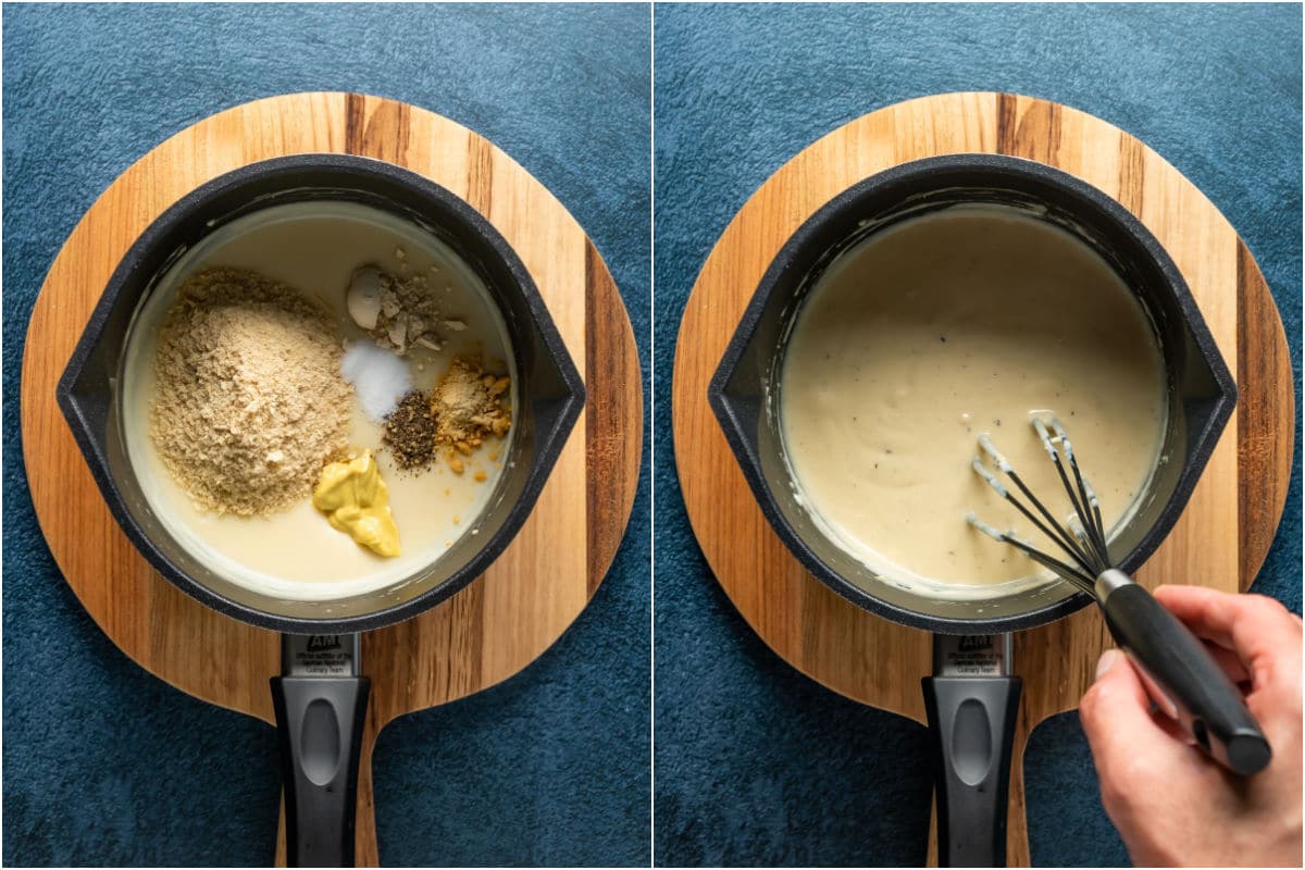 Two photo collage showing nutritional yeast and flavorings added to sauce and mixed in.