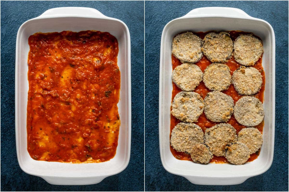 Two photo collage showing layer of marinara sauce added to bottom of 9x13 dish and then topped with a layer of eggplant.