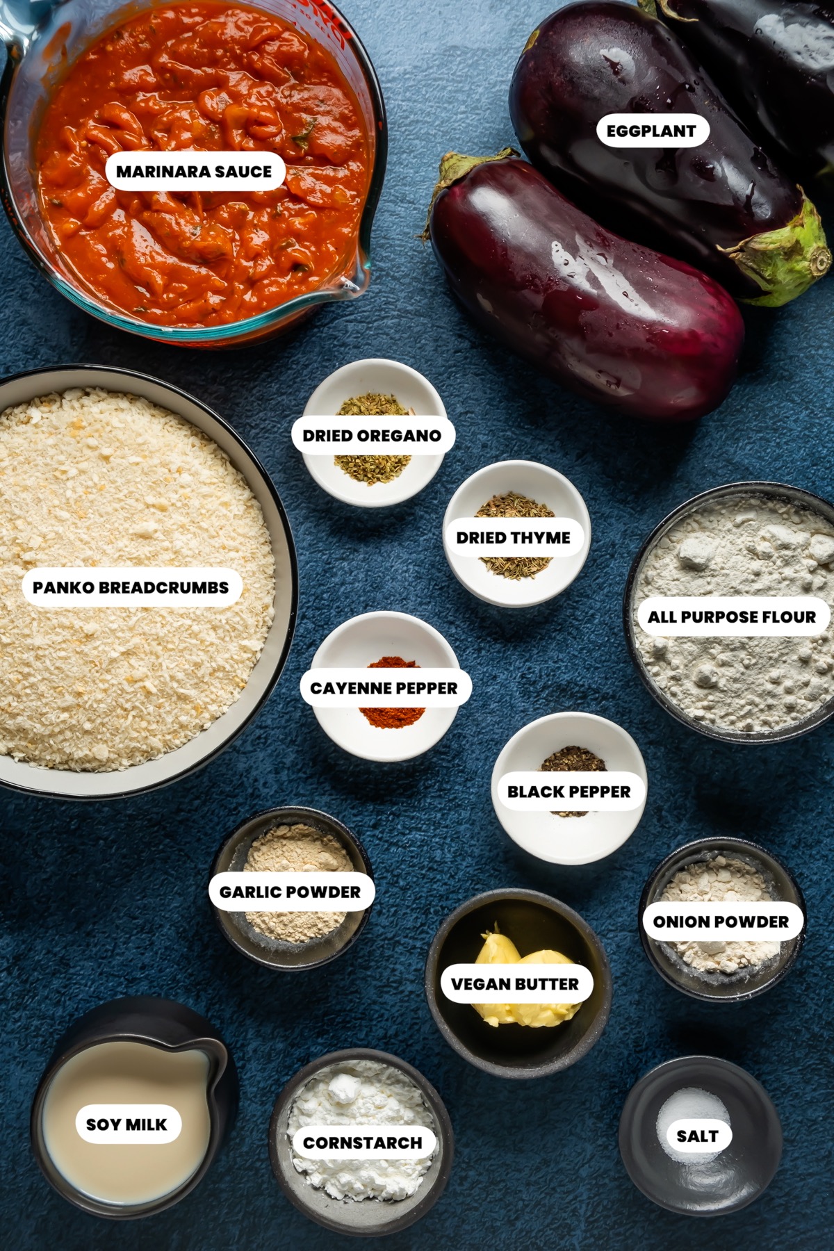Photo of ingredients needed to make vegan eggplant parmesan.