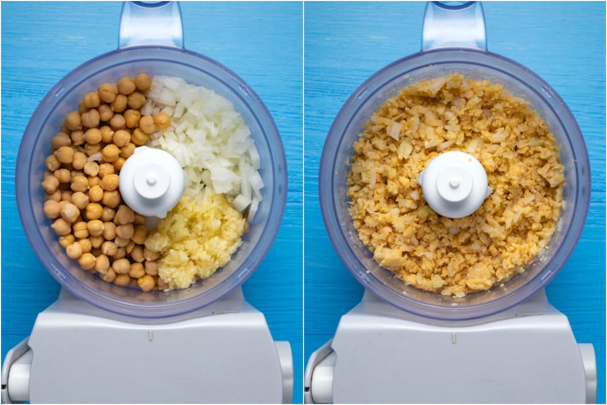 Two photo collage showing chickpeas, onion and garlic added to food processor and processed.