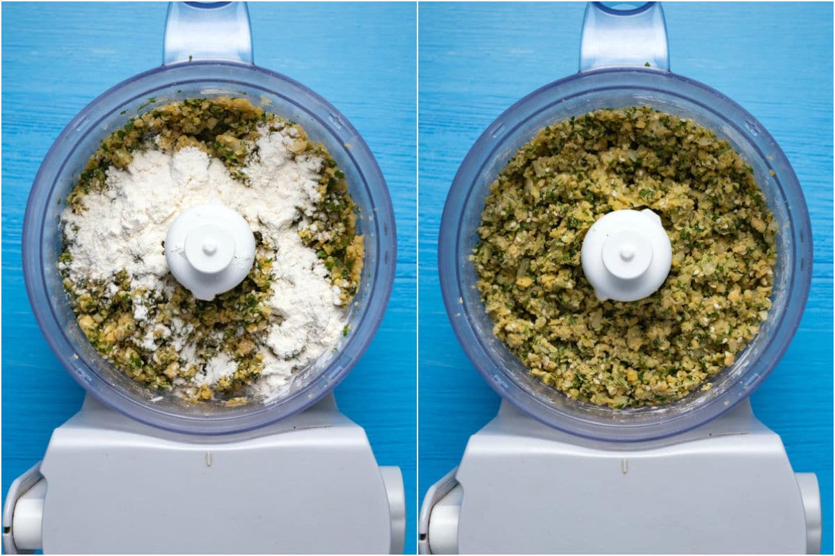 Two photo collage showing flour added to food processor and mixed in.