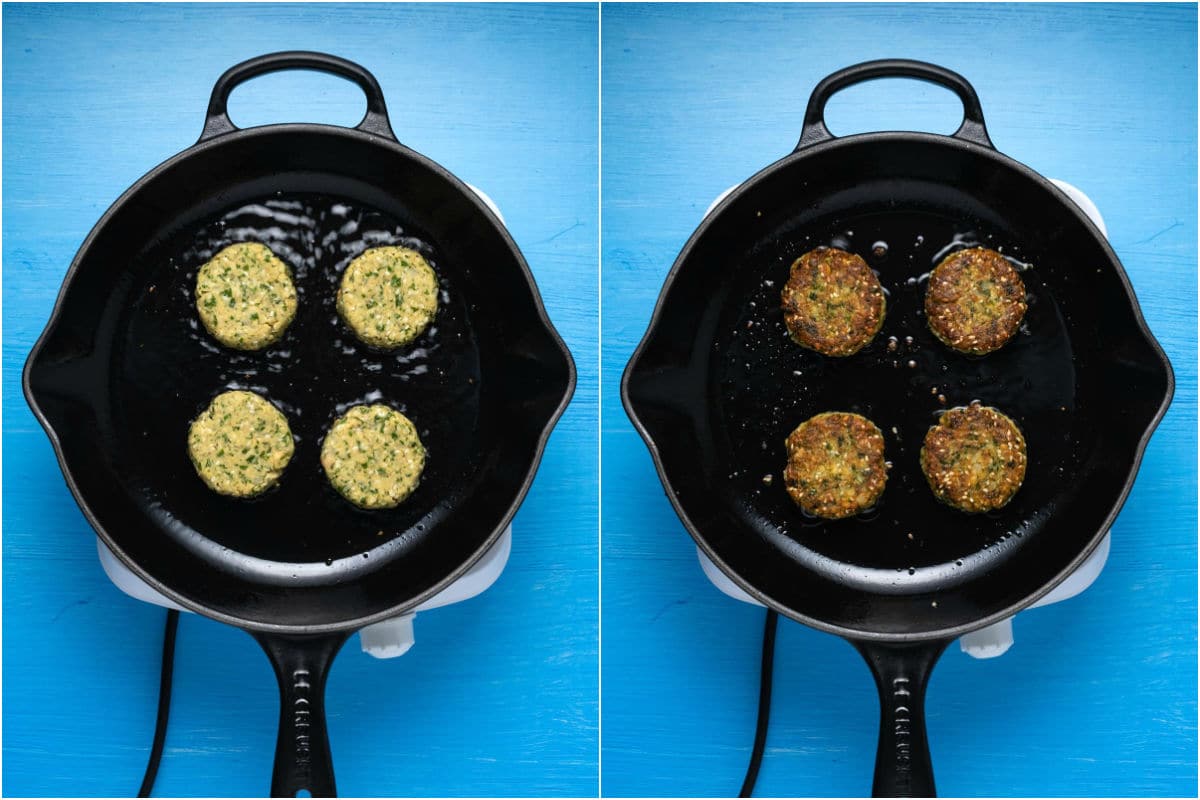 Two photo collage showing falafel frying in a frying pan.