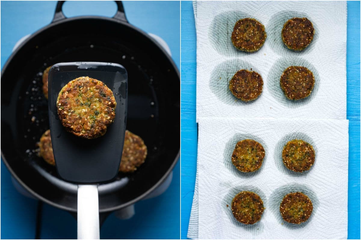 Two photo collage showing cooked falafel on a spatula and then cooling on paper towels.