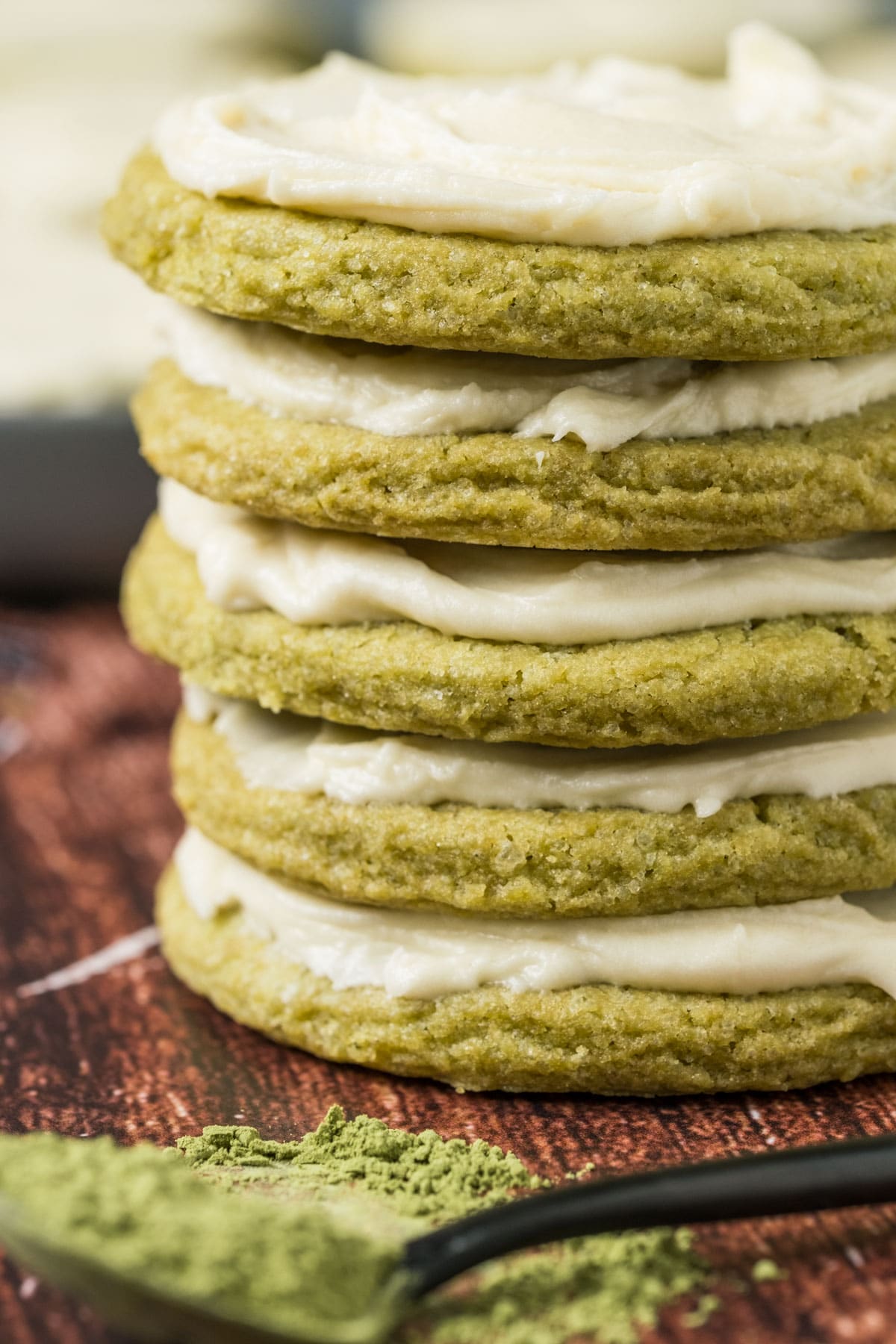 Vegan matcha cookies in a stack.