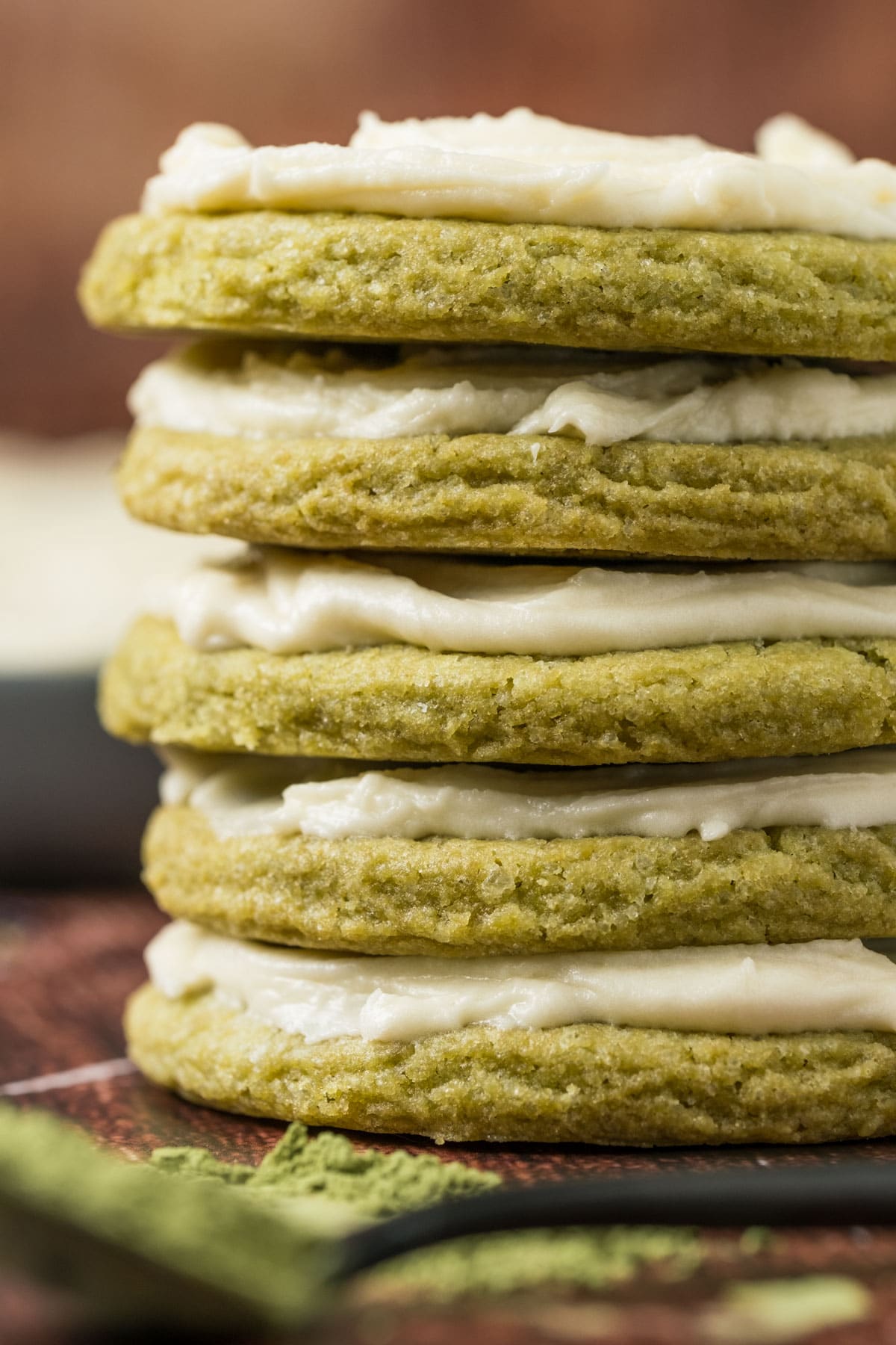 Vegan matcha cookies in a stack.