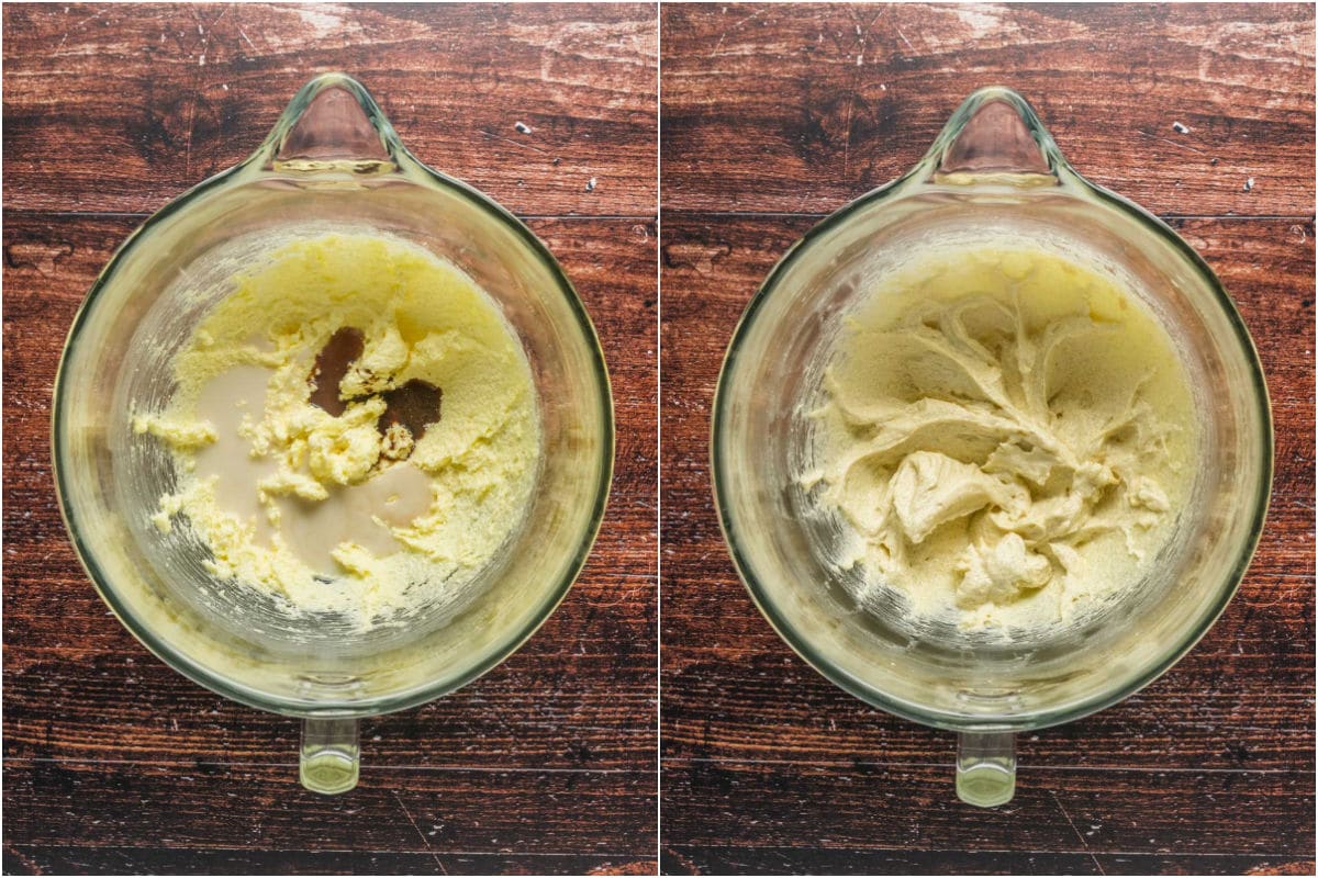 Collage of two photos showing soy milk and vanilla added to stand mixer and mixed in.