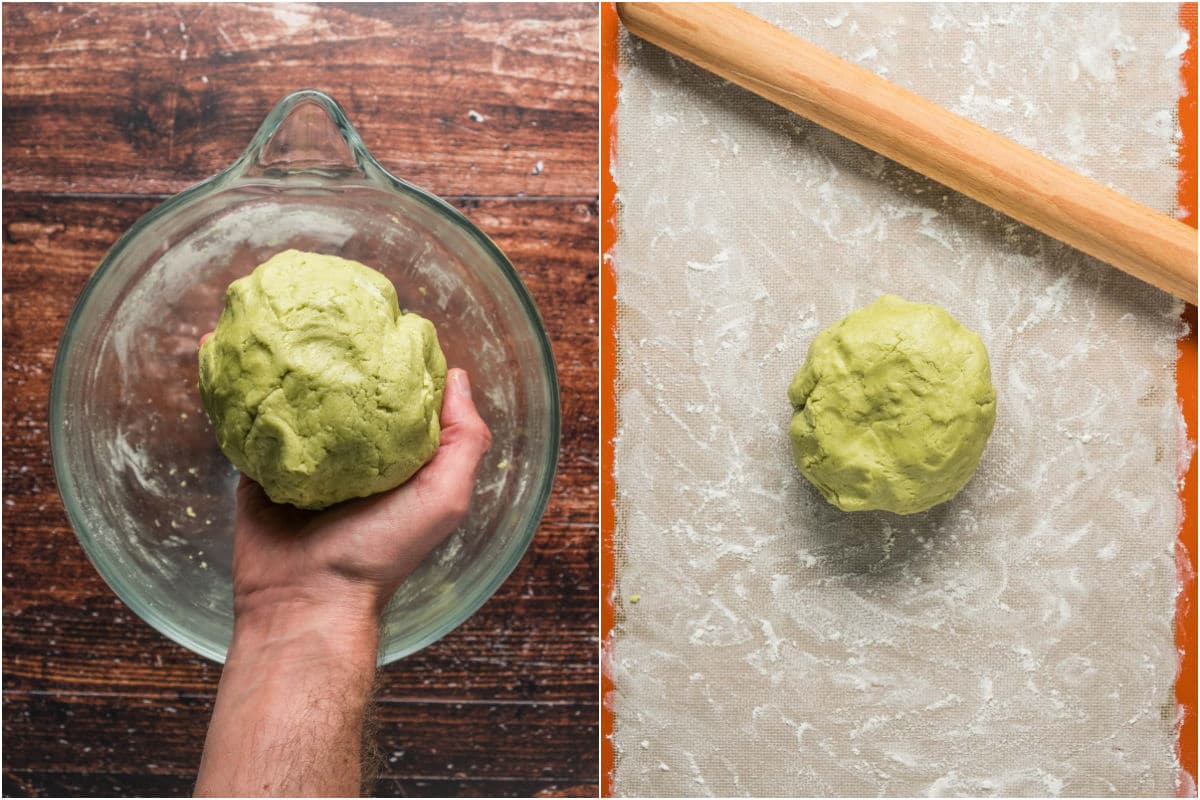 Two photo collage showing ball of cookie dough transferred to a flour dusted surface.