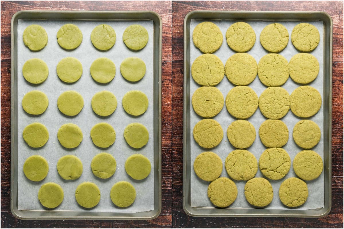 Two photo collage showing matcha cookies on a parchment lined baking tray before and after baking.