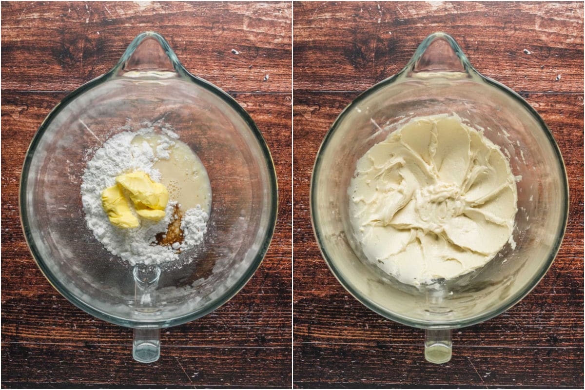 Collage of two photos showing frosting ingredients added to stand mixer and mixed together.