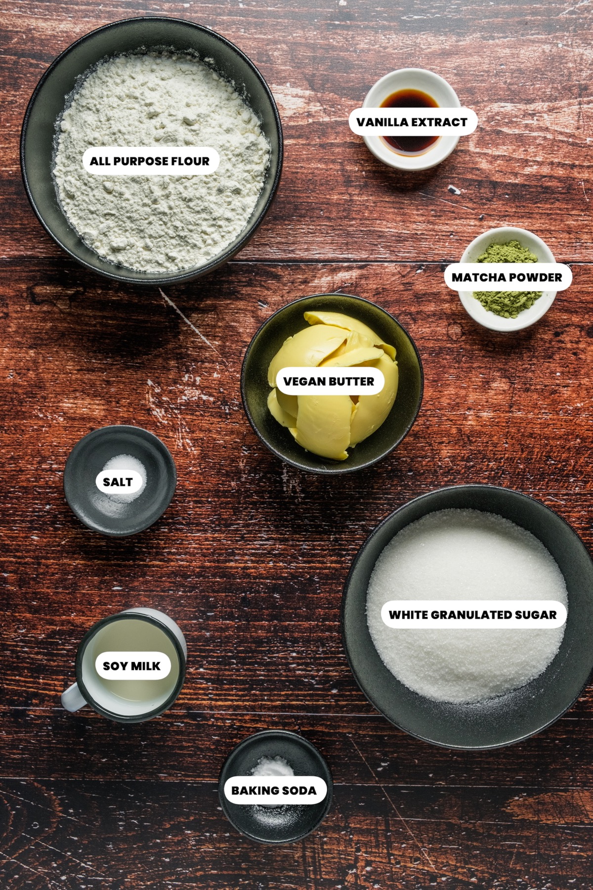 Photo of the ingredients needed to make vegan matcha cookies.