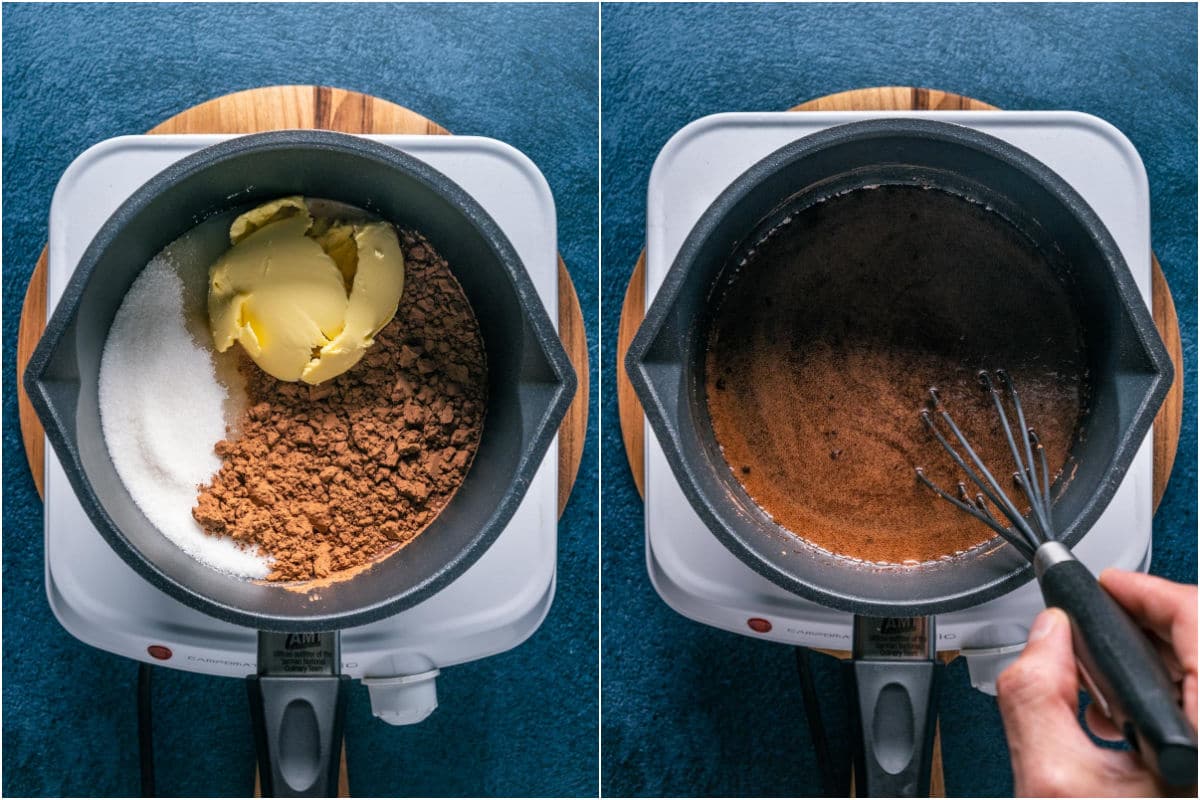 Two photo collage showing ingredients added to saucepan and melted together.