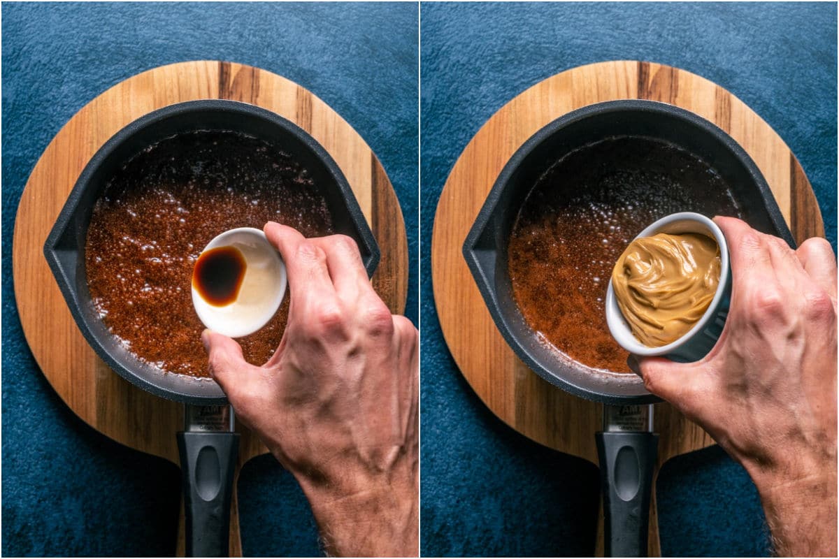 Two photo collage showing vanilla extract and peanut butter added to saucepan. 