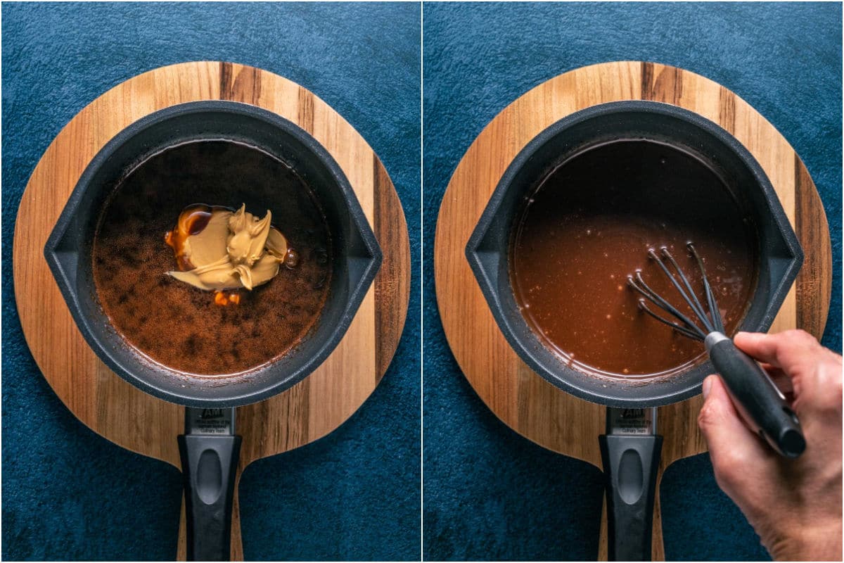 Two photo collage showing peanut butter and vanilla extract whisked into chocolate mix in a saucepan. 
