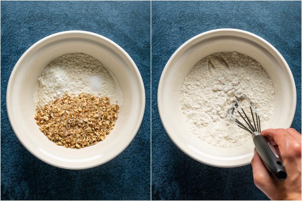 Collage of two photos showing flour, pecans, salt and cornstarch in a bowl and mixed together.