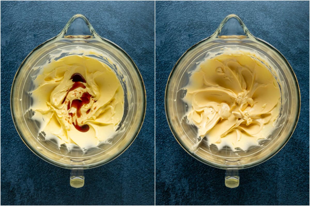 Two photo collage showing vanilla extract added to stand mixer and mixed in.
