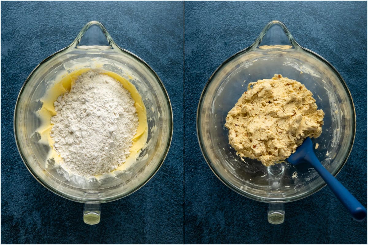 Two photo collage showing dry ingredients added to wet and mixed into a cookie dough.