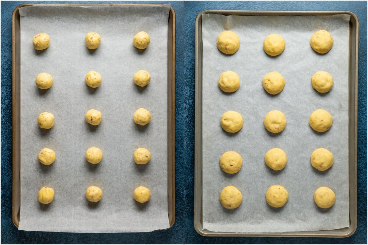 Two photo collage showing cookies on a parchment lined baking sheet before and after baking.
