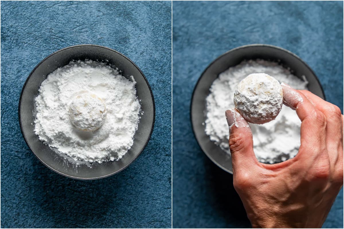 Two photo collage showing snowball cookies being rolled in powdered sugar. 