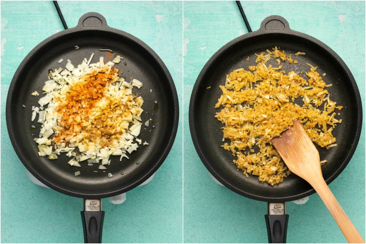 Two photo collage showing onions, olive oil and spices added to frying pan and sautéed.