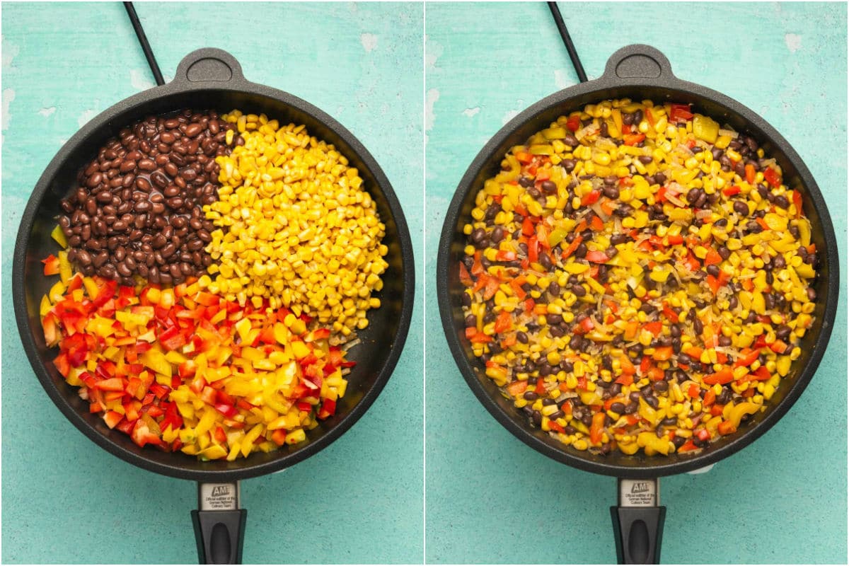 Two photo collage showing black beans and corn and chopped bell peppers added to frying pan and sautéed.