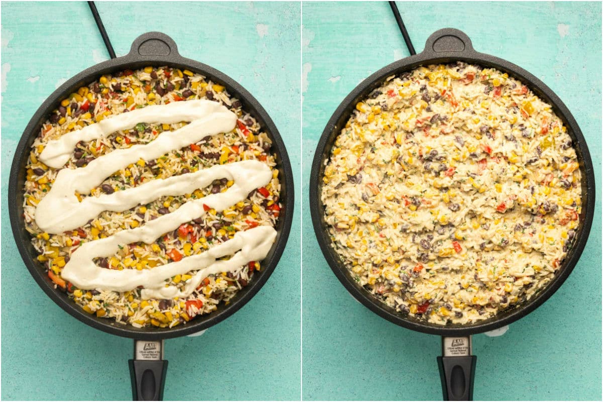 Zwei Fotocollagen, die Cashewsauce zeigen, die zu einer Mischung aus schwarzen Bohnen, Mais und Reis hinzugefügt und miteinander vermischt wird.