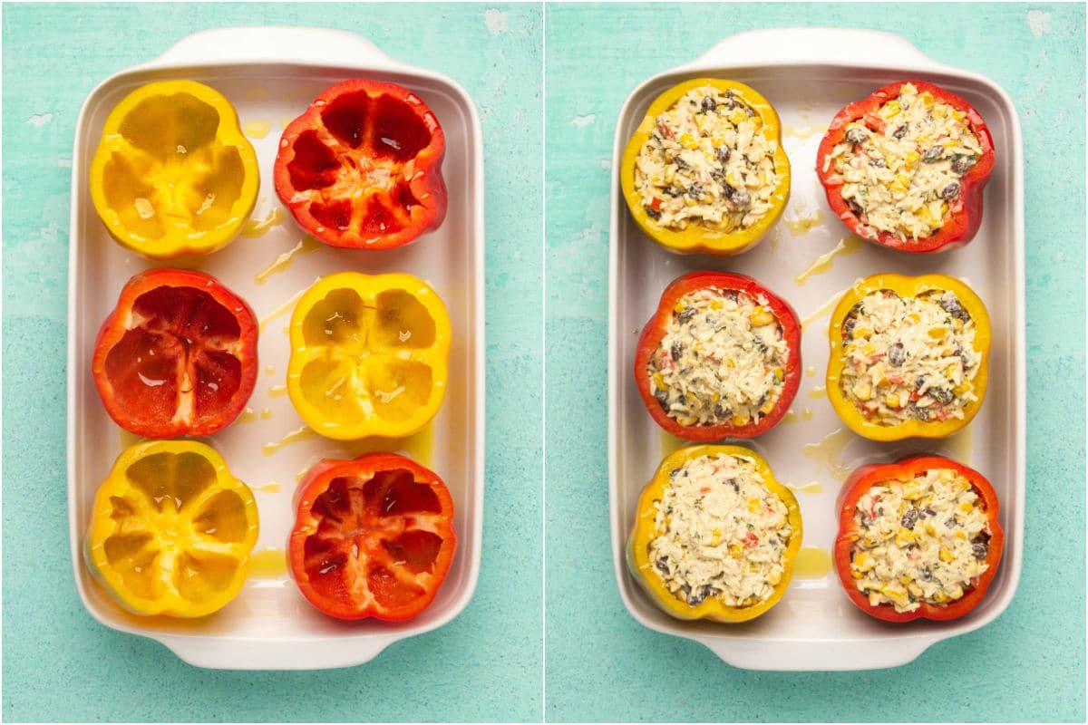 Two photo collage showing cored bell peppers added to baking dish, drizzled with olive oil and then stuffed.