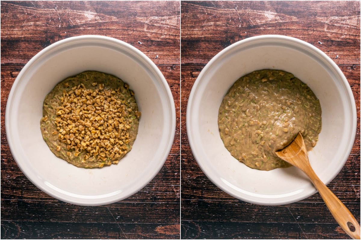 Two photo collage showing chopped walnuts added to batter and mixed in.