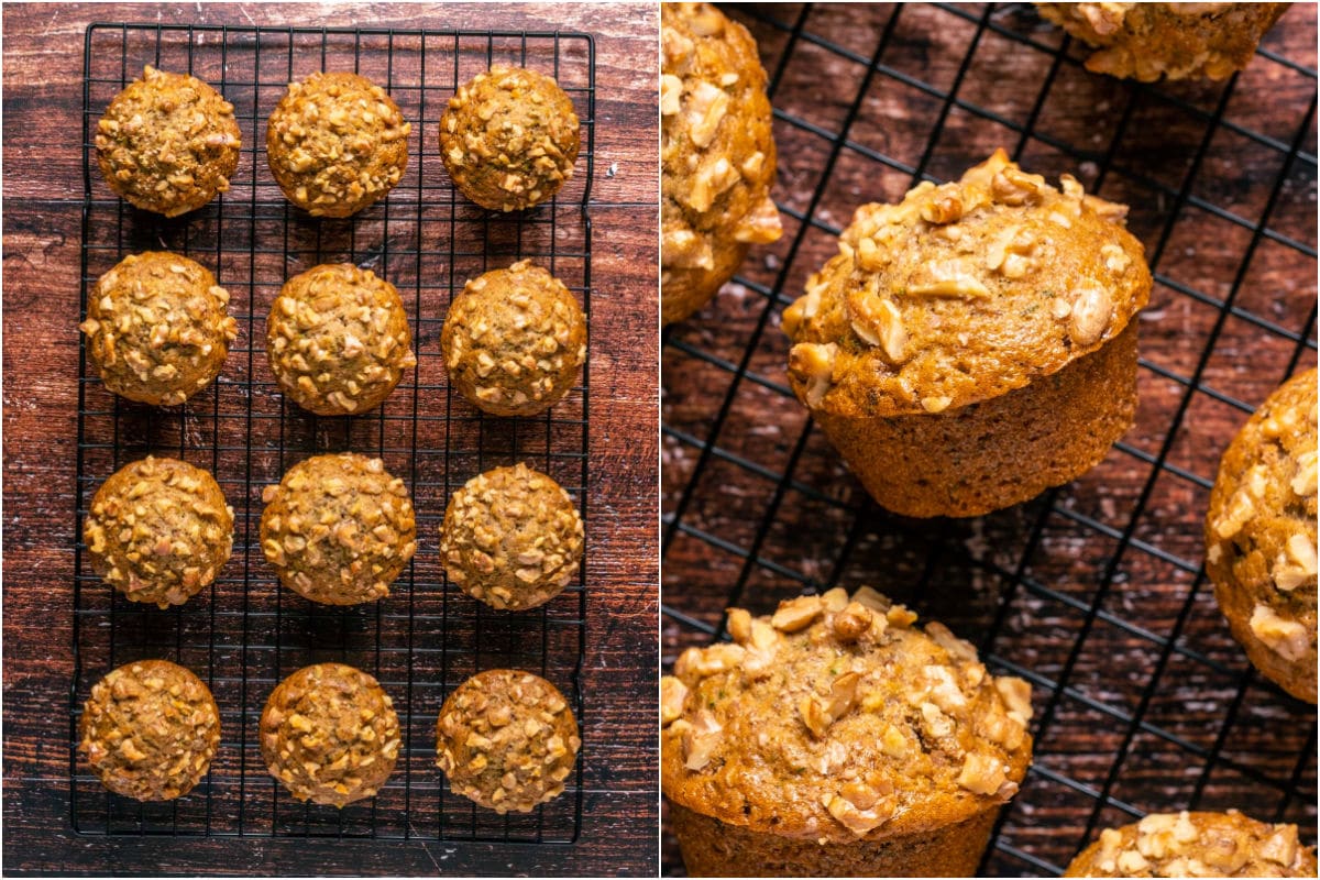 Two photo collage showing muffins cooling on a wire cooling rack.