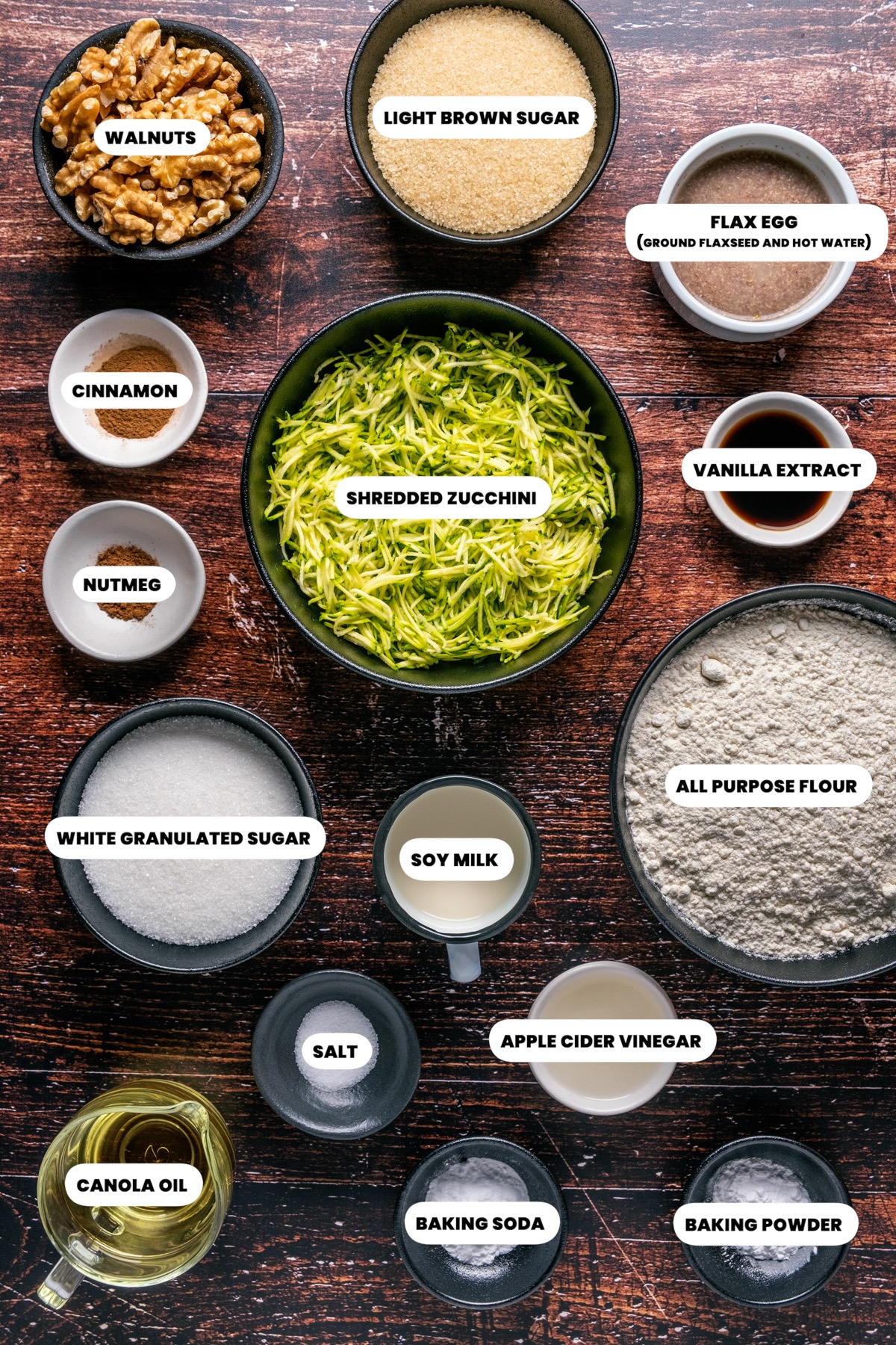 Photo of the ingredients needed to make vegan zucchini muffins.