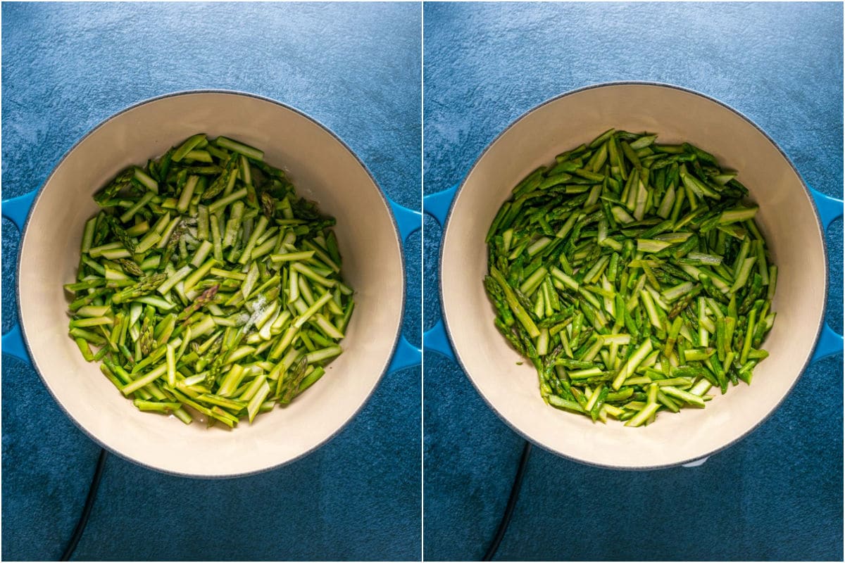 Two photo collage showing chopped asparagus added to pot with olive oil and salt and sautéed.