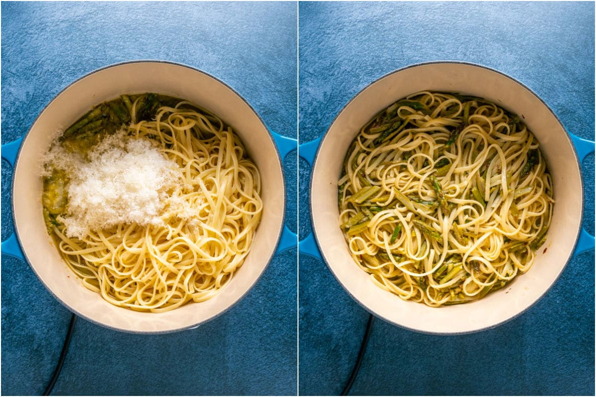 Two photo collage showing cooked pasta and vegan parmesan added to pot and mixed in.