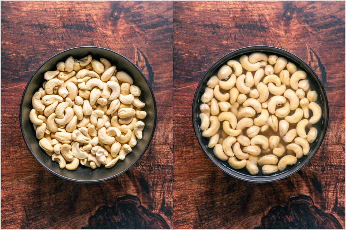 Two photo collage showing cashews added to bowl and then soaking in water.