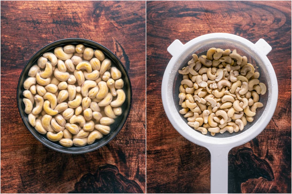 Two photo collage showing soaked cashews and then drained in a sieve.