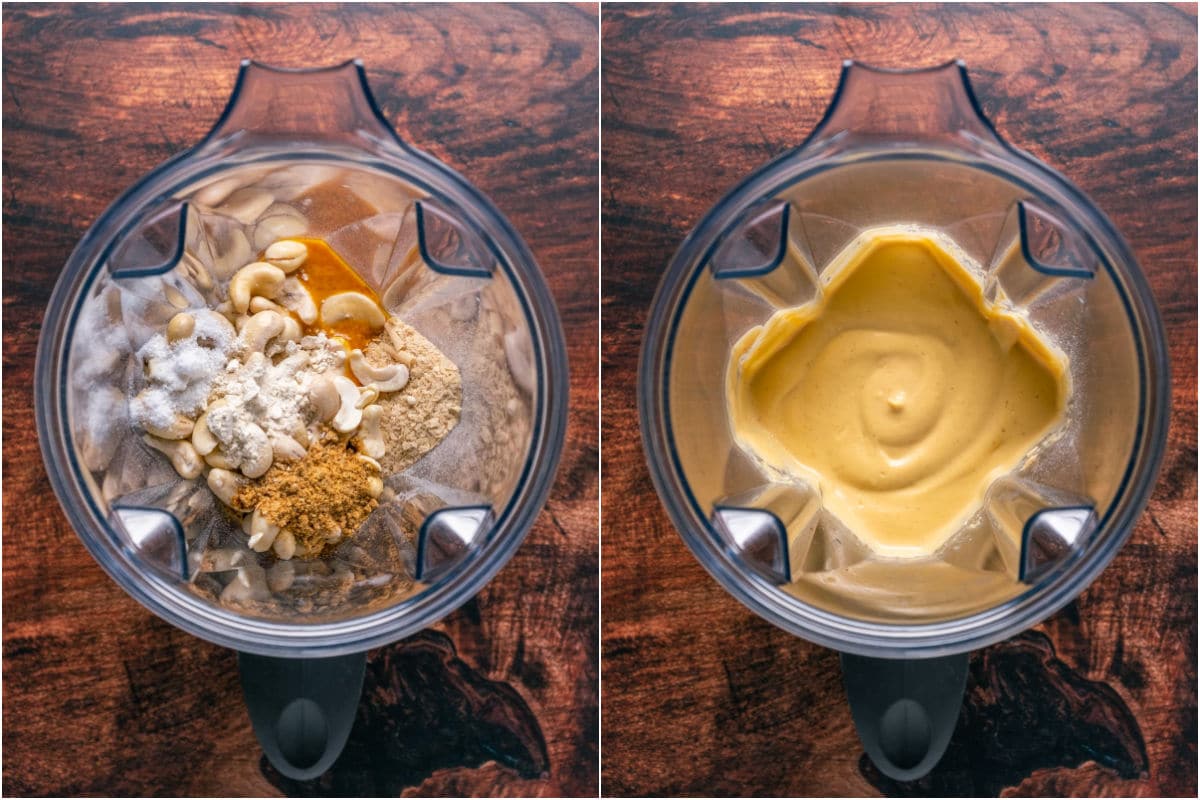 Two photo collage showing ingredients added to blender and blended.