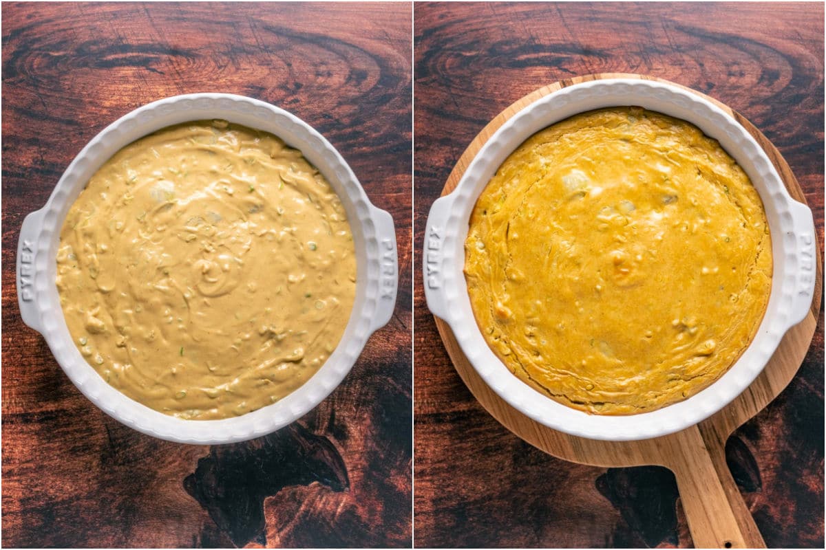 Two photo collage showing vegan buffalo dip in a white dish before and after baking.