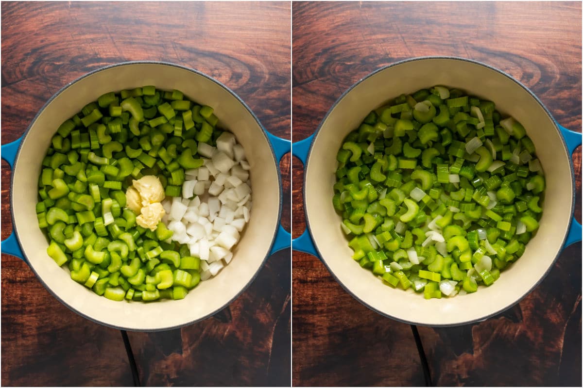 Two photo collage showing vegan butter, onion and celery added to pot and sautéed.