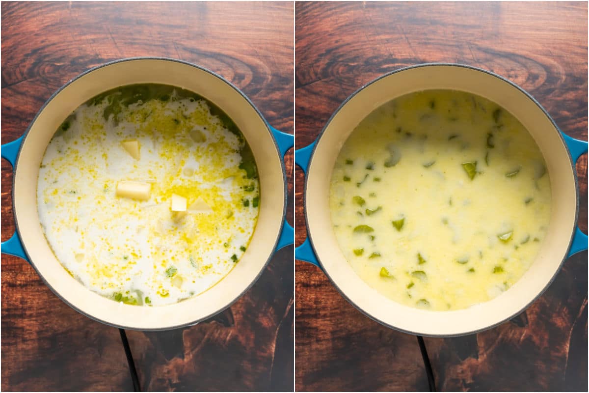 Two photo collage showing potatoes, vegetable stock and coconut cream added to pot and mixed in.